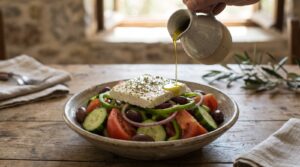 Griechischer Bauernsalat mit Tomaten, Gurke, Oliven und einem Stück Feta