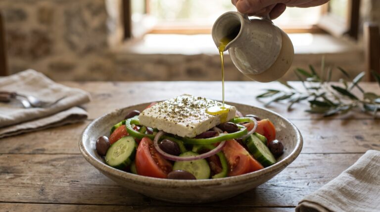 Griechischer Bauernsalat mit Tomaten, Gurke, Oliven und einem Stück Feta