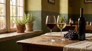 Zwei Gläser griechischer Wein neben Weintrauben auf einem Holztisch