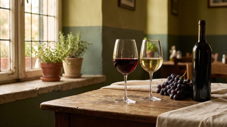 Zwei Gläser griechischer Wein neben Weintrauben auf einem Holztisch