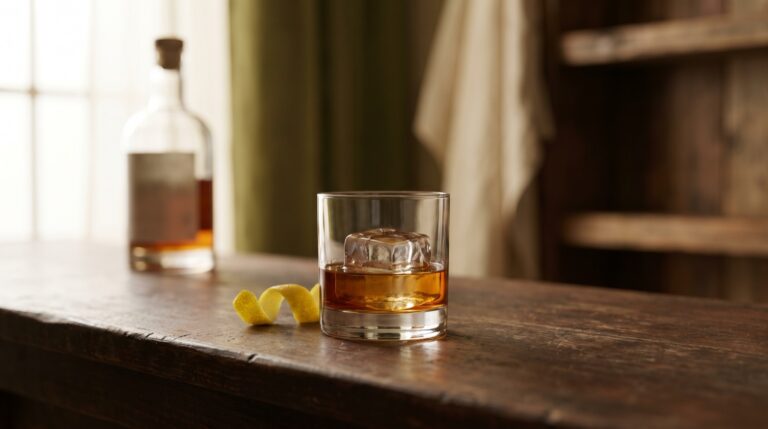 Ein Glas griechischer Brandy auf Eis neben einer Zitronenscheibe