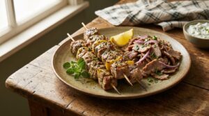 Gegrillte Souvlaki-Spieße und geschnittenes Gyros auf einem Keramikteller - Restaurant Sparta – Griechische Spezialitäten in Bremen Gegrillte Souvlaki-Spieße und geschnittenes Gyros auf einem Keramikteller