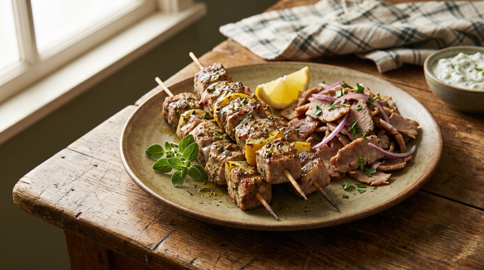 Gegrillte Souvlaki-Spieße und geschnittenes Gyros auf einem Keramikteller - Restaurant Sparta – Griechische Spezialitäten in Bremen Gegrillte Souvlaki-Spieße und geschnittenes Gyros auf einem Keramikteller