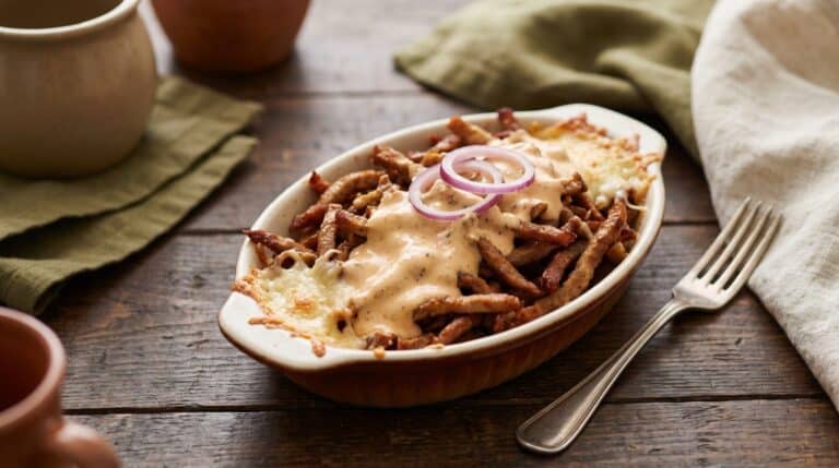 Gyros mit Metaxasauce und überbackenem Käse in einer ovalen Auflaufform
